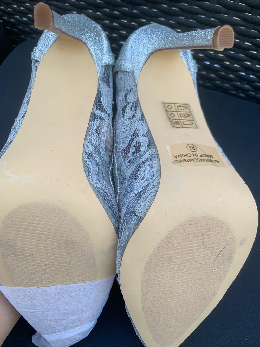 NWOT Silver Lace & Glitter High Heel Pumps with Crystal Accent - Picture 7 of 13